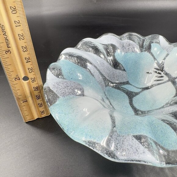Sydenstricker Bowl Dish Fused Art Glass Ruffled Clear Blue Flowers VTG Signed - Picture 3 of 13